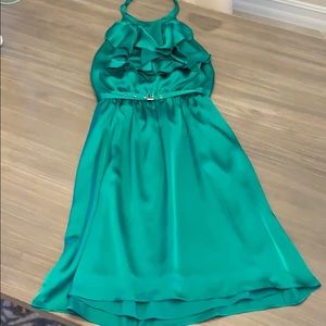 Green satin dress ruffle chest halter